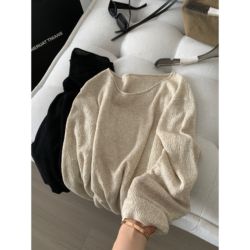 【Jmhh】Lyocell Linen Round-Neck Fine Yarn Knitwear for Women, Spring and Summer Loose-Fitting Slimming Long-Sleeved Base Shirt Top