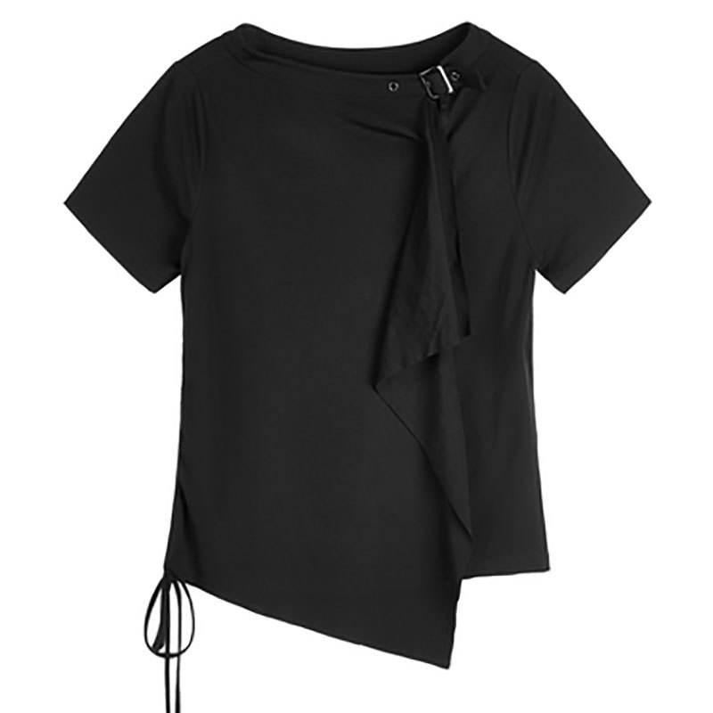 Ao 2023 Summer New High-End Casual Round-Neck Drawstring Tie Irregular Short-Sleeve T-Shirt for Women Cotton Xishengdi Ao 2023 Summer New High-End Casual Round-Neck Drawstring Tie Irregular Short-Sleeve T-Shirt for Women Cotton Xishengdi