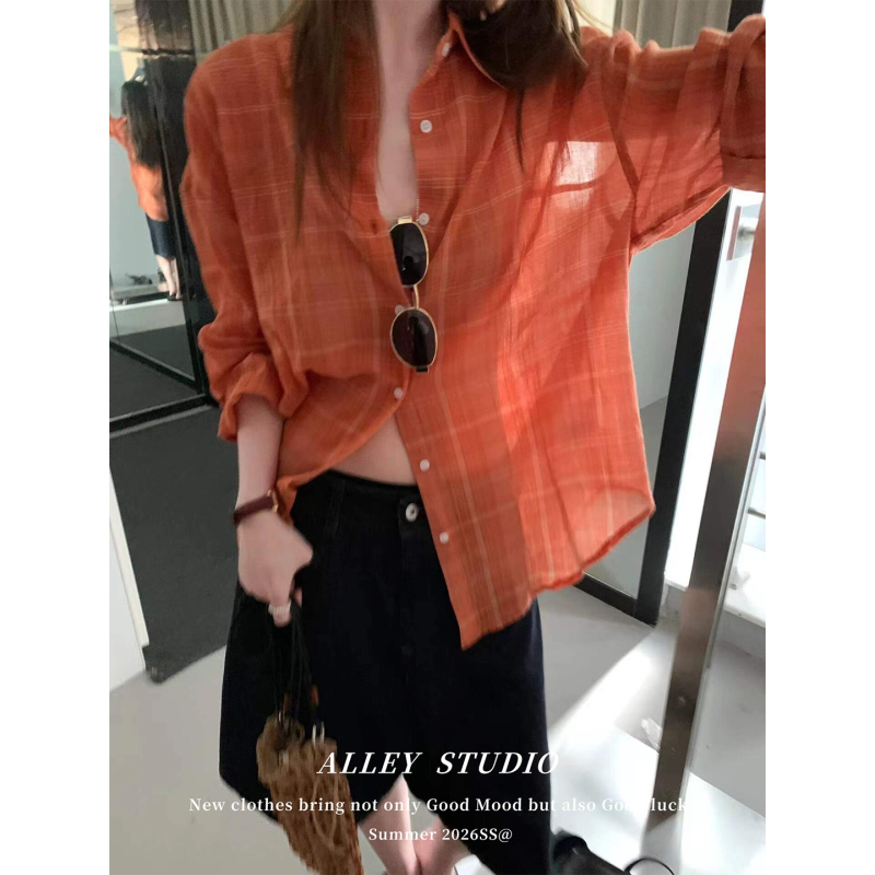 Korean Style Atmospheric Orange Sun-Protective Shirt-Style Jacket for Women, Summer Thin Lazy Style Casual Oversize Shirt