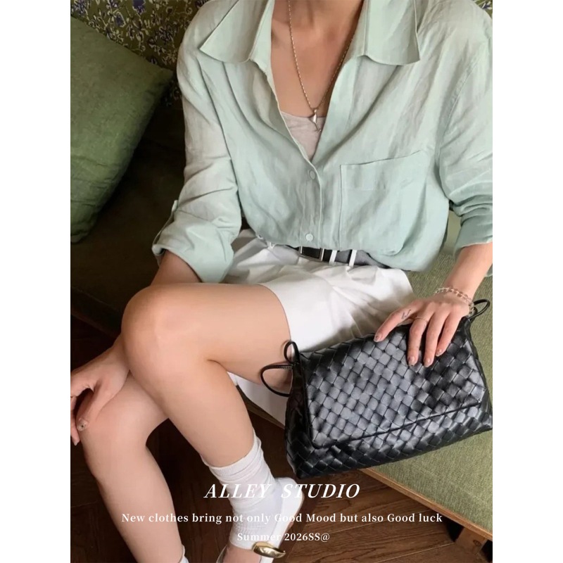 French-Style Mint Green Bamboo Fiber Shirt for Women, Summer Thin Loose Fit, Lazy Style, Breathable, Turn-Down Collar, Cuffed Sleeves, Sun Protection Jacket