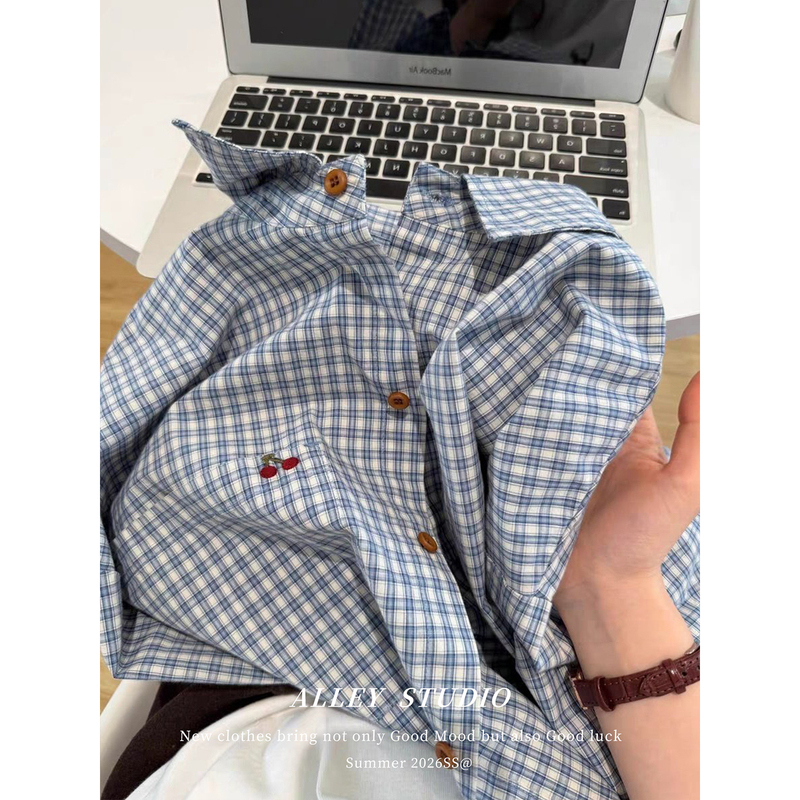 Korean Retro Blue Plaid Pure Cotton Shirt for Women, Spring New Style, Artistic Fresh Style, Cherry Embroidery Sun Protection Top