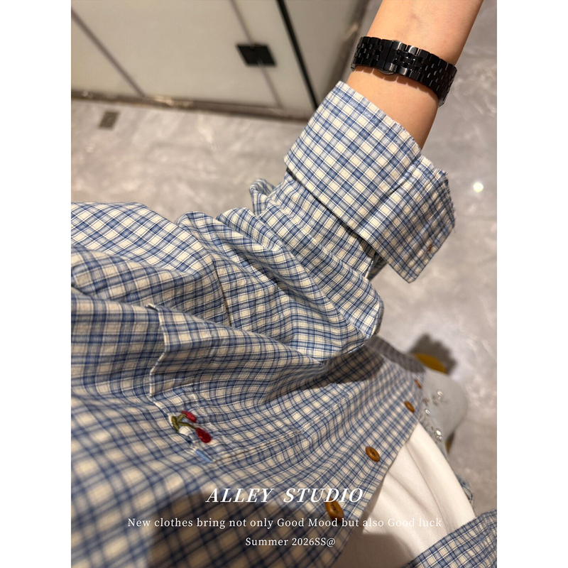 Korean Style Beautiful and Sophisticated Blue Plaid Shirt for Women, Spring Cherry Embroidery Layered with Pure Cotton Long-Sleeve Top