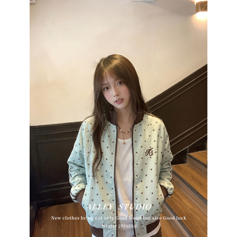 Korean-Style Mint Green Star-Patterned Stand-Collar Jacket for Women, Loose-Fitting Sports Style, Early Autumn Thin Zip-Up Baseball Jacket Korean-Style Mint Green Star-Patterned Stand-Collar Jacket for Women, Loose-Fitting Sports Style, Early Autumn Thin Zip-Up Baseball Jacket