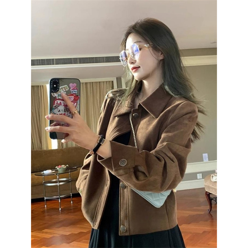 Meilade Retro Dark Brown Suede Short Jacket for Women, Popular in Spring and Autumn, Super Stylish Jacket for Petite Figures