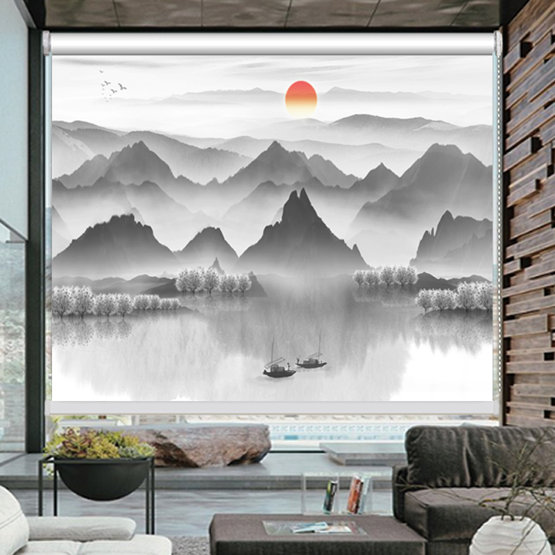 Curtain Roller Blind Roller Lifting Study Living Room Balcony Bay Window Bedroom Mountains and Waters No Punching Installation Shading and Sunshade