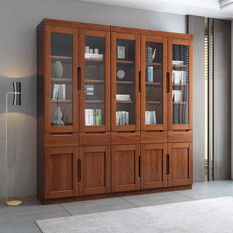 Male bear furniture new Chinese-style modern minimalist solid wood bookcase with glass door floor-to-ceiling storage cabinet bookcase bookshelf combination