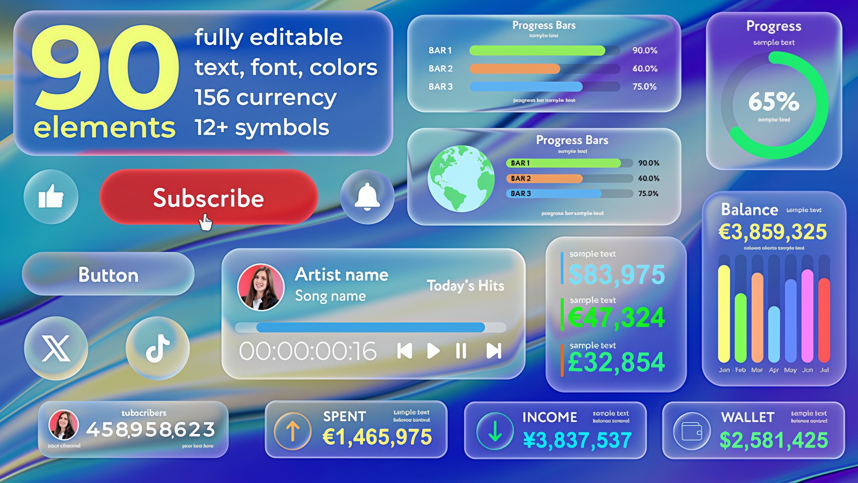 AE/PR模板 液態玻璃透明質小部件按鈕感彈窗展示動畫