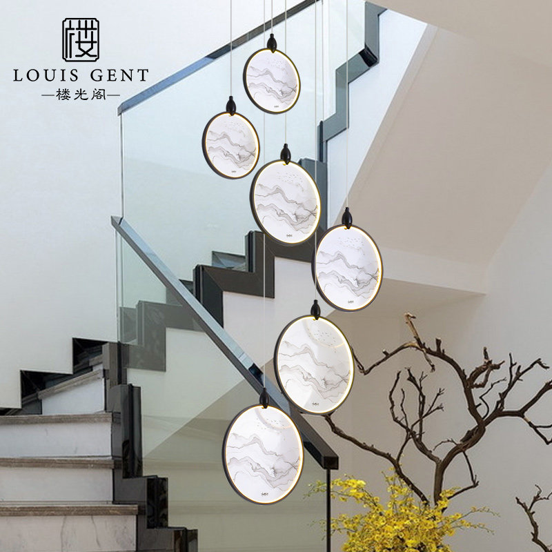 (National Wind) New Chinese Stairway Pendant Lamp China Wind Dining Room Bar Table Tea Room Lamp Swivel Duplex Loft Long Suspension Lamp