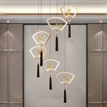 New Chinese staircase long chandelier Fan restaurant Hotel bar Villa rotating duplex room Hollow high loft lamp