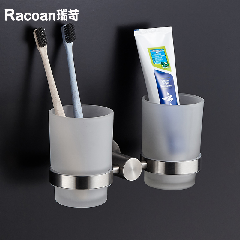 304 stainless steel brushed hole-free powder room hardware bathroom pendant Toothbrush holder Brushing mouthwash cup double cup