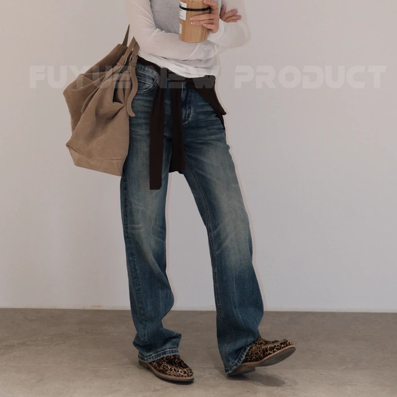 Fuyue Quality Straight-Leg Jeans for Commuting, American Retro Washed Casual Versatile Summer Designer Style