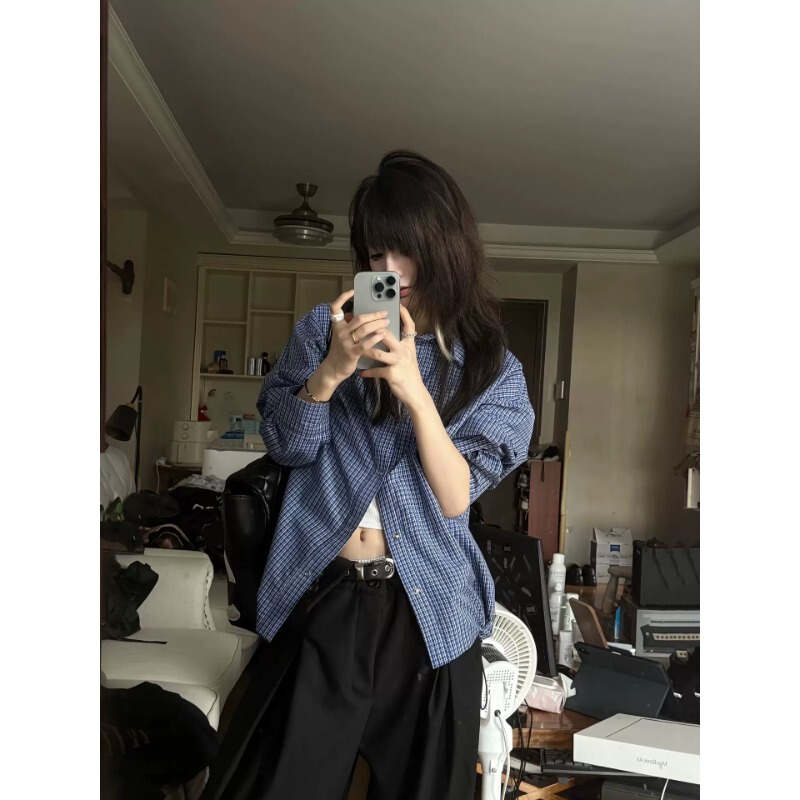 Miu Royal Blue Plaid Long-Sleeved Shirt for Men and Women, Retro Cleanfit Stereo Short Wide Hem Drawstring Shirt Miu Royal Blue Plaid Long-Sleeved Shirt for Men and Women, Retro Cleanfit Stereo Short Wide Hem Drawstring Shirt