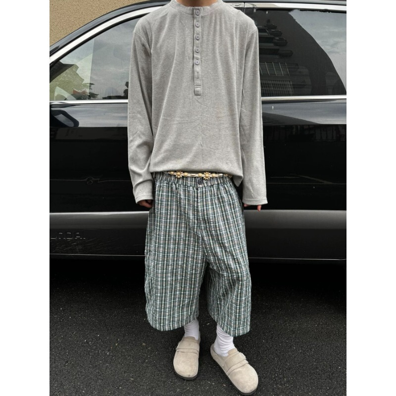 American-Style Summer Dopamine Green Plaid Casual Shorts for Men and Women, Cleanfit Trendy Unisex Cropped Pants