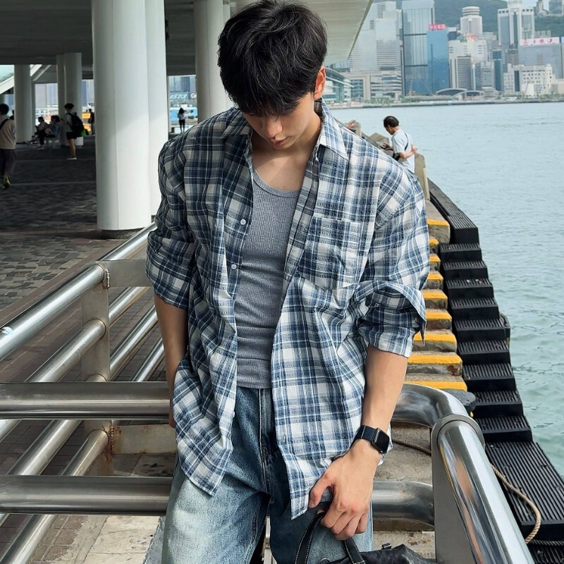 American-Style Textured Pure Cotton Plaid Shirt for Men, High-End, Cool and Clean-Fit Plaid Shirt, Long-Sleeved Jacket