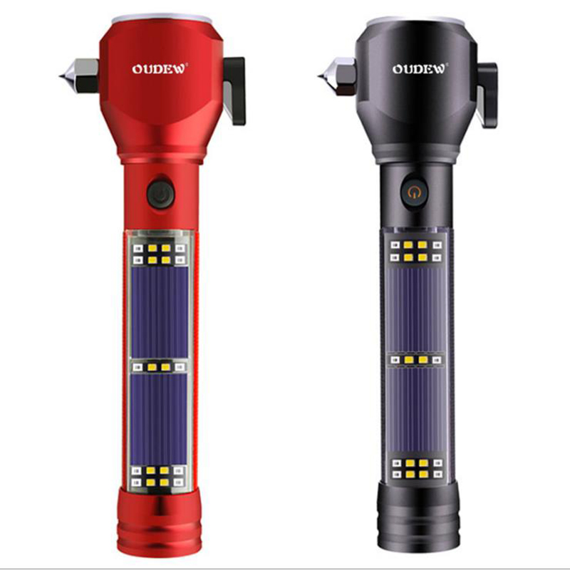 Multifunctional car safety hammer flashlight Car solar alarm Emergency fire escape tool Window breaker