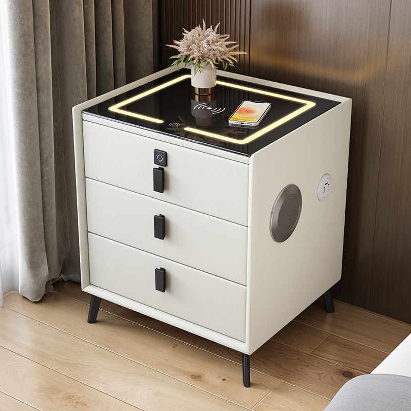 Art Minimis Smart Bed Head Cabinet Multifunction Wireless Charging Band Light Fingerprint Lock USB Jack Carbonin Steel Solid Foot 