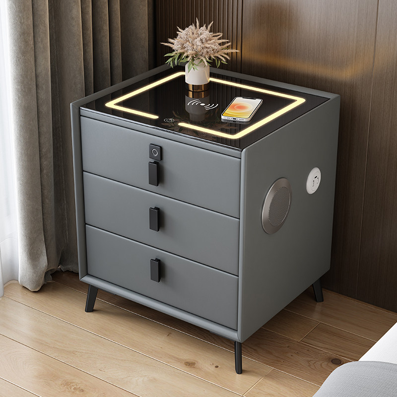 Smart bedside table modern storage solid wood multi-function touch sensor light wireless charging fingerprint lock bluetooth speaker