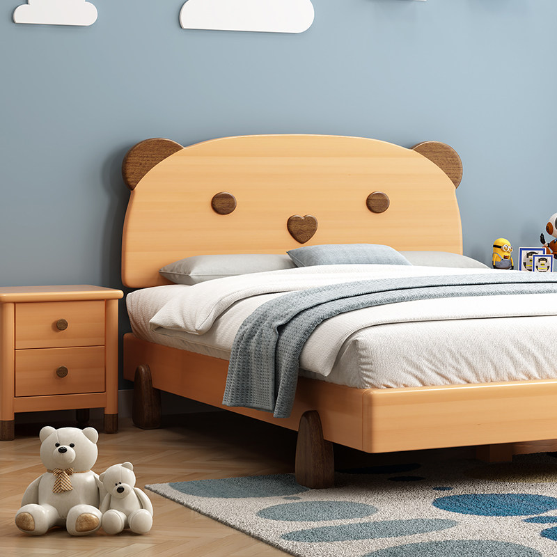 Log Wind Full Wood Bed 1 5 m Teenagers Beech Wood Children's Bed Boy 1 2 Cartoon Tennis Red Princess Little Bear Bed