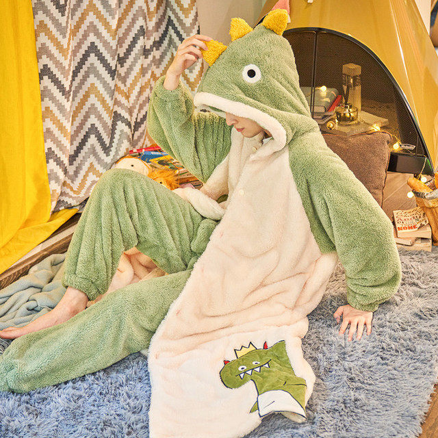 Winter men's pajamas pajamas winter plus velvet thickened long version teenager college students' home clothes bundle feet one-piece suit