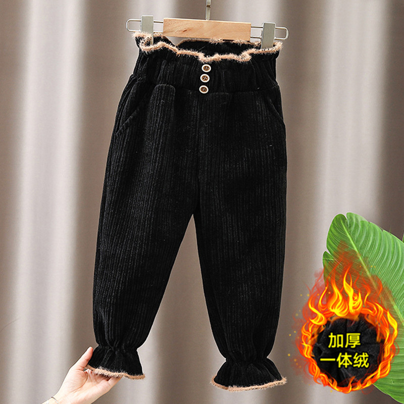 Girls' velvet thickened pants 2022 new trendy children's middle-aged children's high-waisted casual pants all-in-one velvet Western style