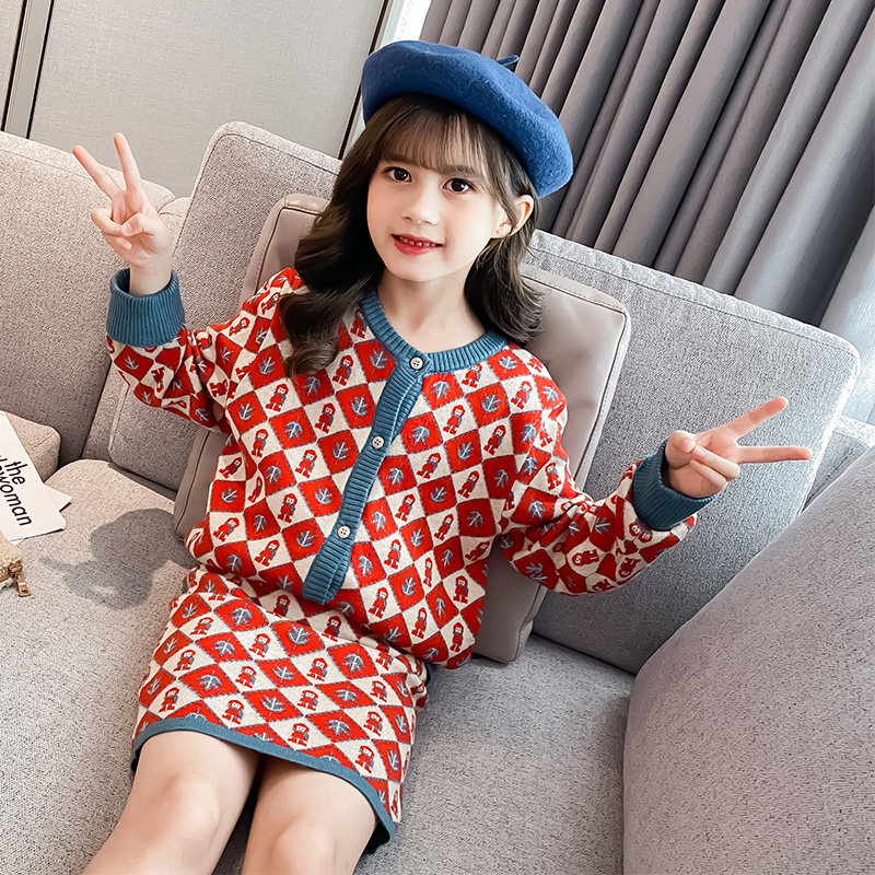 Girl's sweater suit Spring and autumn 2021 new children trendy knit cardio-hoodie girl bag hip dress Two sets of foreign