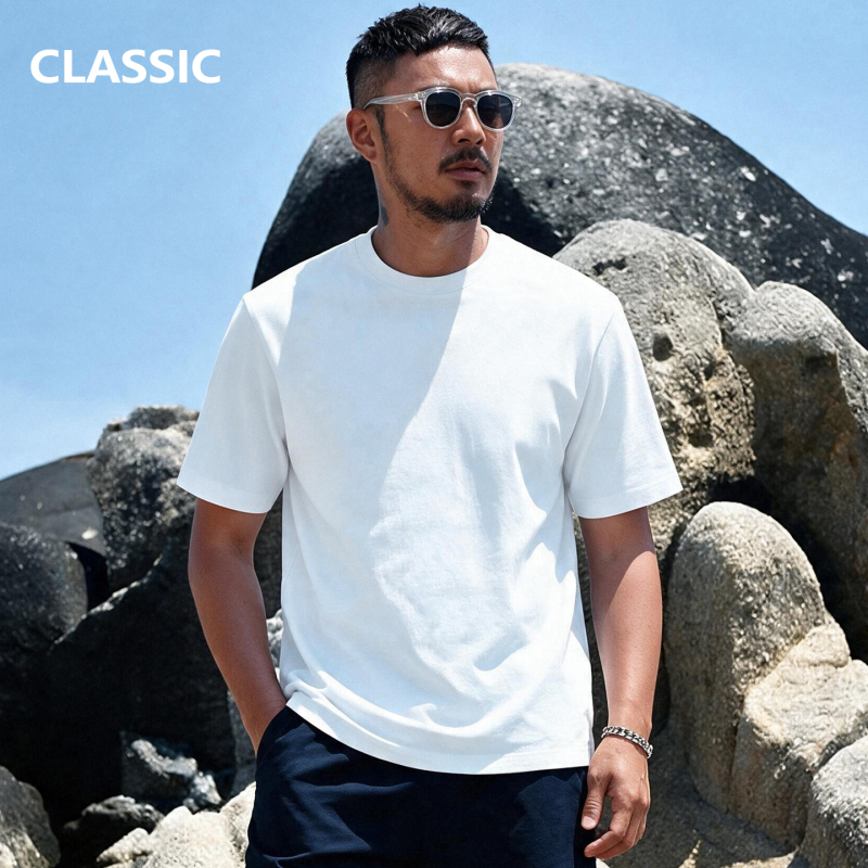 Heavyweight Anti-See-Through Pure White T-Shirt for Men, Short-Sleeved, Pure Cotton, Standard Fit, Long-Staple Cotton, Slightly Wide Round Neck Base Shirt