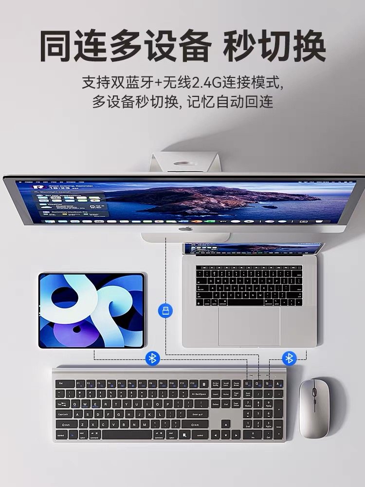 Bluetooth Wireless Ultra-Thin Keyboard and Mouse Set for Laptops and Desktops, Universal Charging Model, Office Typing, Silent