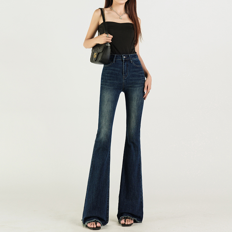 Sweet Gege Wardrobe Retro Dark Blue Frayed Hem Flared Jeans for Women, Summer High-Waisted Slim Fit Bell-Bottom Pants Sweet Gege Wardrobe Retro Dark Blue Frayed Hem Flared Jeans for Women, Summer High-Waisted Slim Fit Bell-Bottom Pants