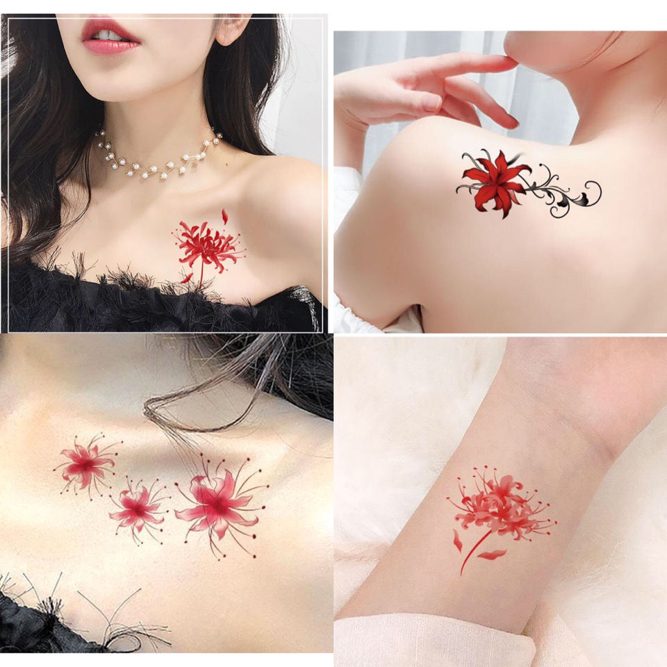 彼岸花纹身贴纸胸前3d立体防水持久小尺寸仙女遮疤痕刺青手臂贴画