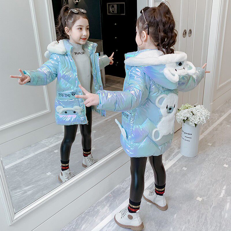 Girls' padded clothes 2022 winter new girls' colorful bright surface wash-free cotton clothes plus velvet thickened children's winter coats
