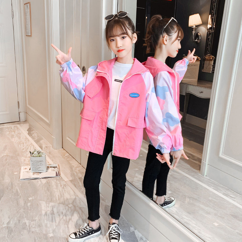 Girl Spring Clothing Jacket 2022 New Foreign Gends CUHK Child Han Version Online Red Camouflak Trendy Spring Autumn Children's Blouse Tide