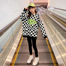 Girl Necropolis Spring Autumn 2022 New Chessboard Gelian Hat Sweatshirt Dress Children Spring Blouses Big Boy Spring Clothing Wave