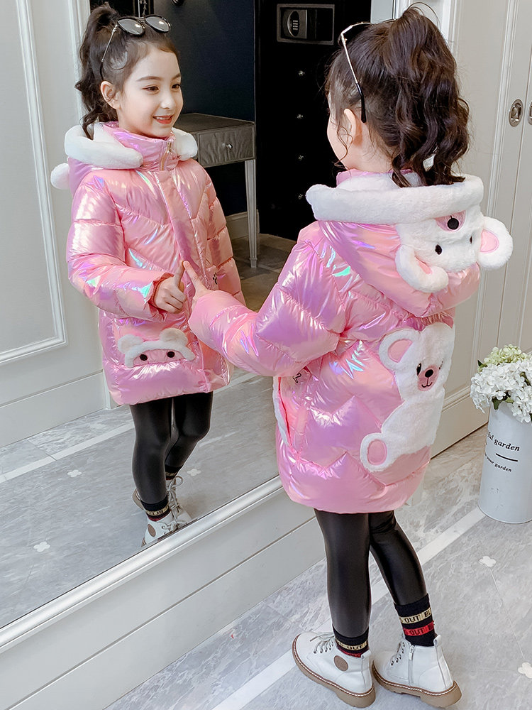 Girls' padded clothes 2022 winter new children's colorful bright face wash-free cotton clothes girls plus velvet thickened winter coat