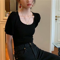 2021 new ice silk T-shirt women bubble sleeves tight thin section clavicle short-sleeved casual top spring and summer MM