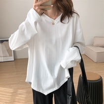 Spring and summer new white irregular T-shirt womens long-sleeved Korean version loose and versatile inner tie base shirt top ins tide ML