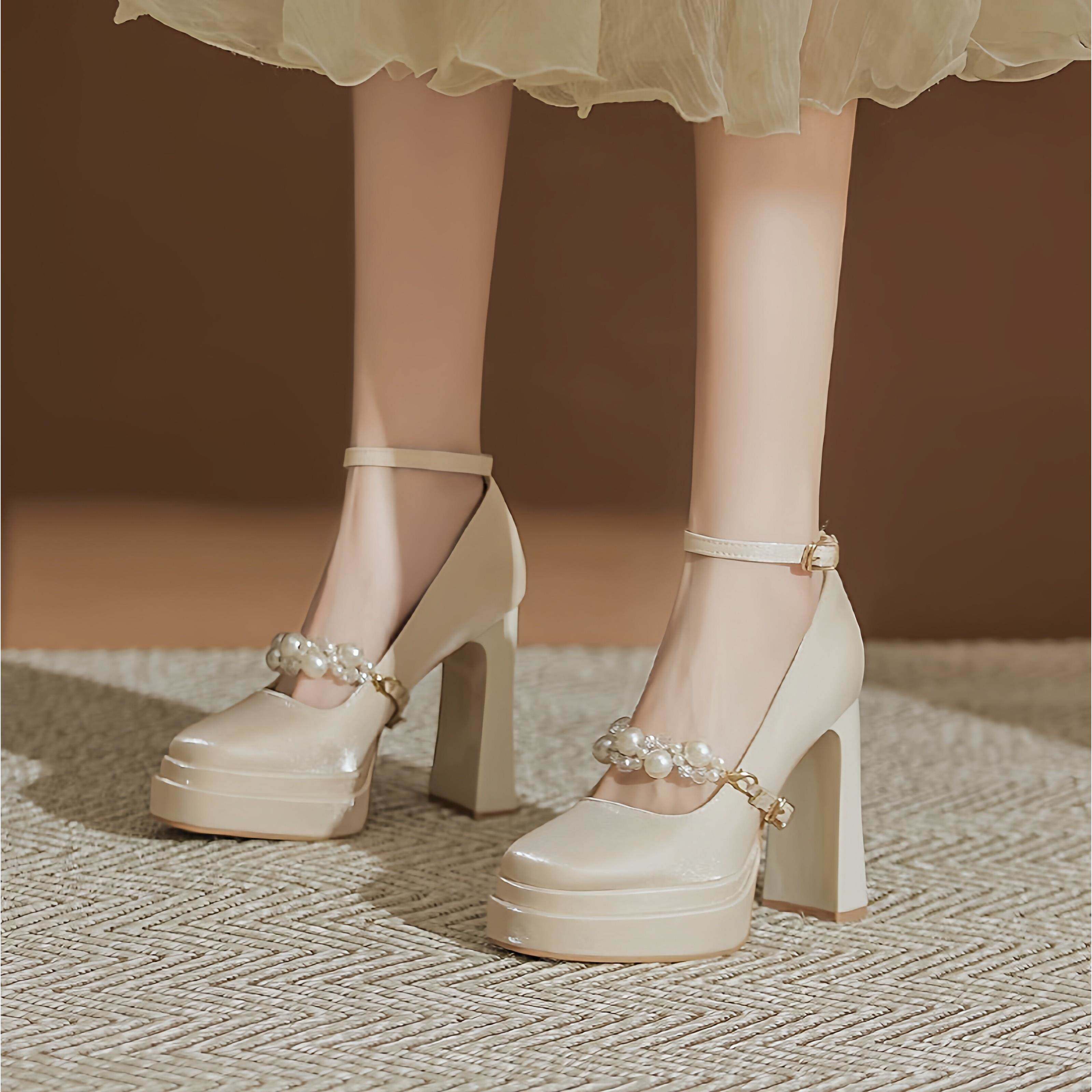 Comfortable and comfortable wedding photo shoes, waterproof platform chunky heels, French-style Mary Jane shoes.