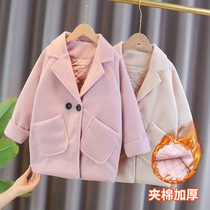 Korean girl woolen coat autumn and winter thickened 2021 new foreign atmosphere in big children Net Red childrens woolen coat tide