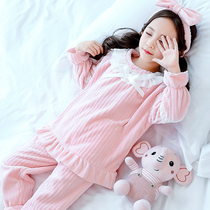 Childrens coral velvet pajamas girls winter thickened girls Big children flannel autumn and winter baby home clothing set