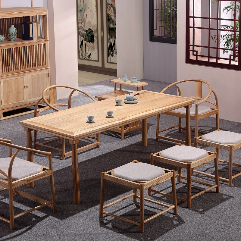 New Chinese tea table and chairs combination solid wood creative tea table tea room tea room table stool set of original wood color meditation furniture