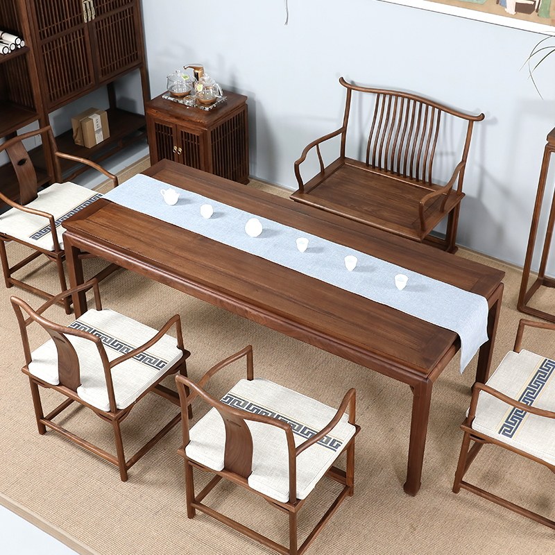 New Chinese Tea Table Chair Combined Hu Peach Color Solid Wood Tea Table High-end Zen Yyu Muqutian Tea Desk Brief About Modern