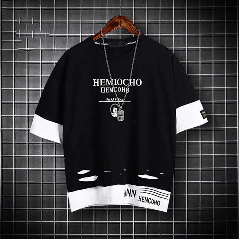 Boys letter printing T-shirt short-sleeved children's summer 2021 stitching fake two pieces of Foreign school children's tops tide brand