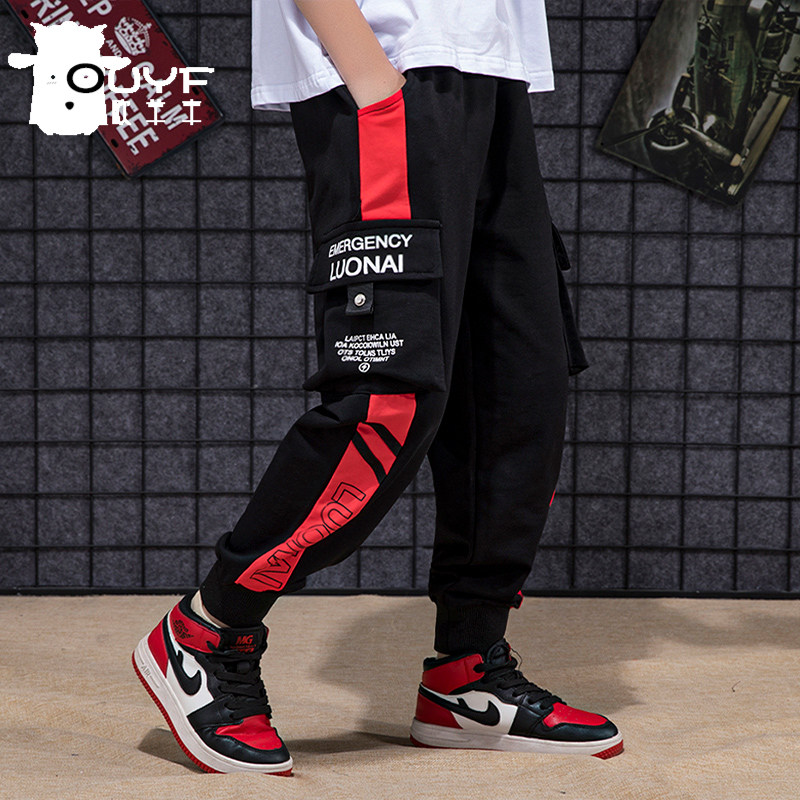 Medium and large boys stitching contrast color long pants 2021 summer thin loose handsome casual sports children's drawstring pants