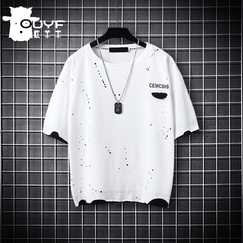 Children's clothing Boys hole T-shirt short-sleeved 2021 summer cotton children's T-shirt Korean version of the tide in the big children's summer new