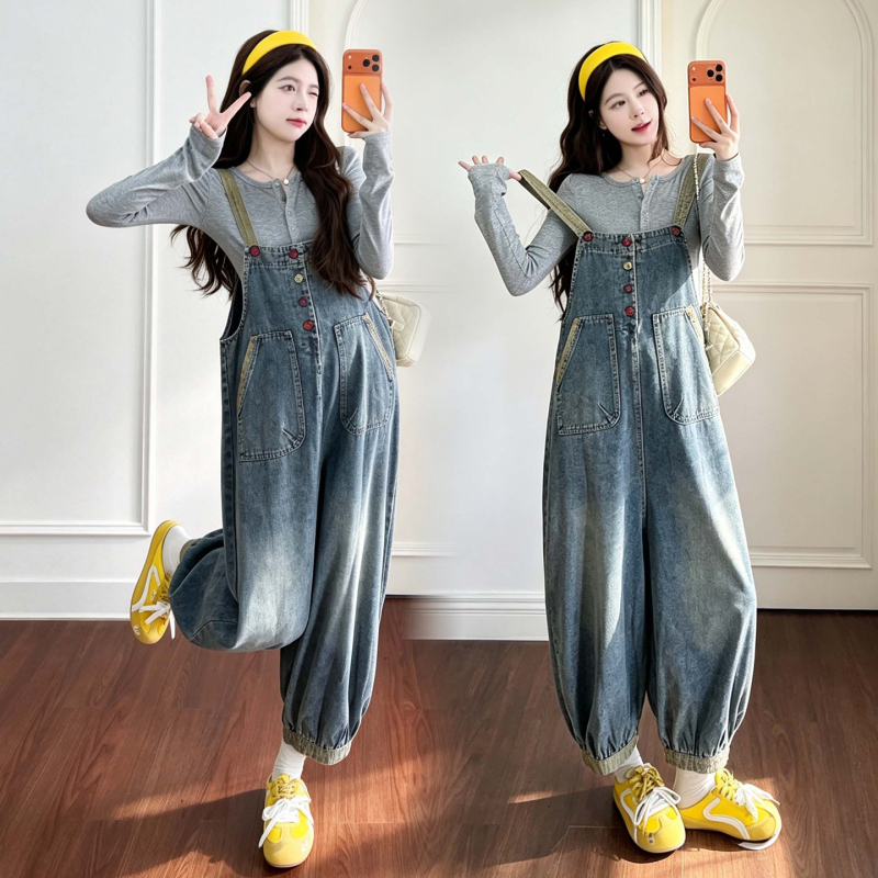 Maternity Wear Spring and Autumn Lazy Style Loose Denim Overalls Set Two-Piece Jumpsuit with Leggings for Commuting