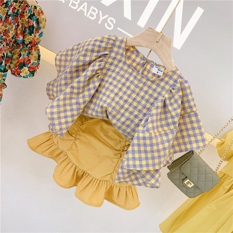 Girls summer clothes 2021 summer new plaid shirt suit baby Korean version of the Foreign school lotus leaf sleeve short-sleeved two-piece set