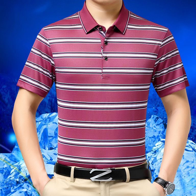 Ordos City Silk Short-Sleeve T-Shirt for Men, Genuine Collared Summer Striped High-End Dad Polo Shirt