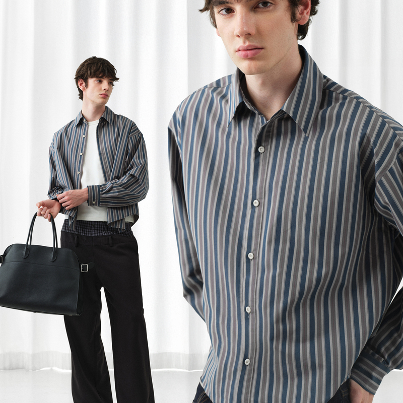 Bbttpp Retro Striped Lapel Long-Sleeve Shirt*Boxy Short Wide Fit