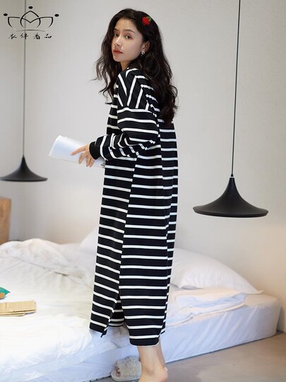 Victoria Nightgown for Women with Breast Pads, Pure Cotton, Long Striped Long-Sleeved Plus-Size Pajamas, Korean Style Casual Loungewear