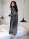 Victoria Nightgown for Women with Breast Pads, Pure Cotton, Long Striped Long-Sleeved Plus-Size Pajamas, Korean Style Casual Loungewear