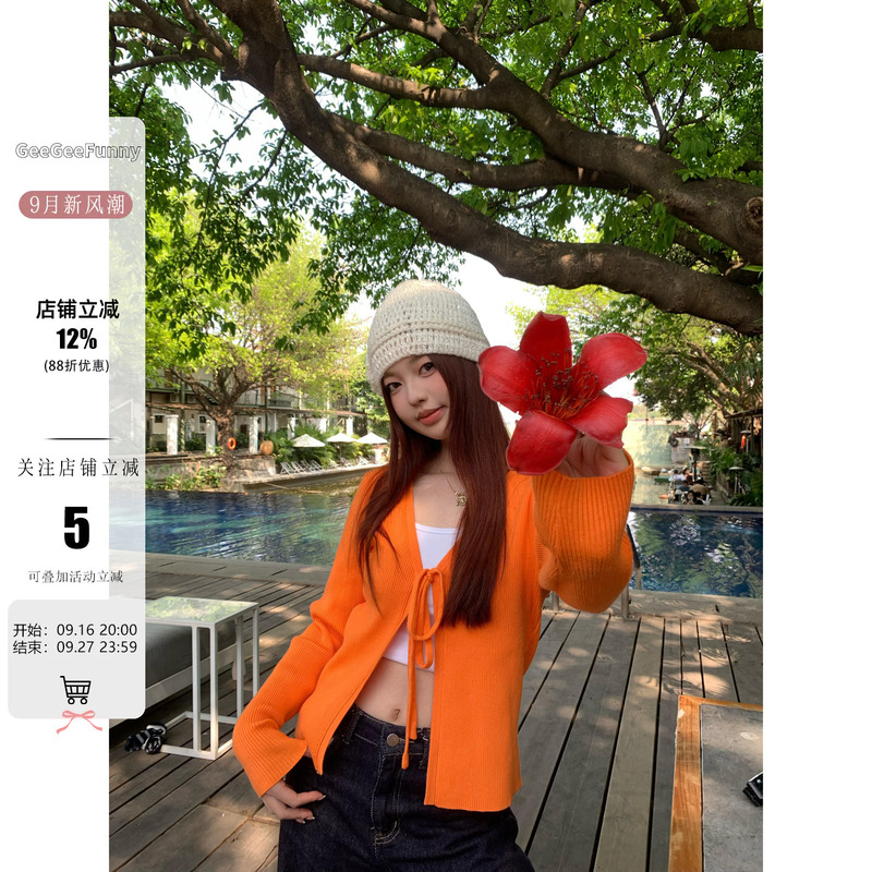 Geegeefunny Dopamine Short Knitted Cardigan for Women 2026 Autumn New Thin Long-Sleeve Outerwear Top